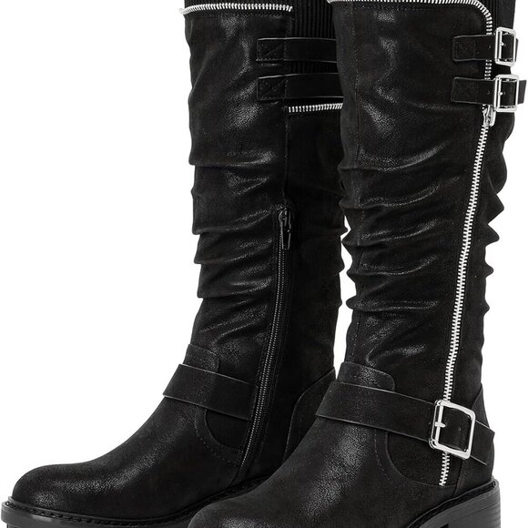 Women's Knee High Boots Man-Made Leather 6.5 Low Heel Round Toe Tall Calf